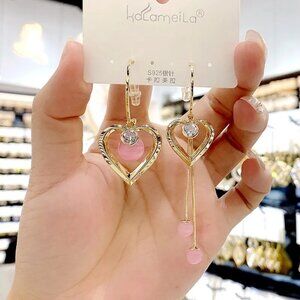 Asymmetrical Gold & Pink Heart Drop Earrings – Gold Hoops & Tassel Dangles